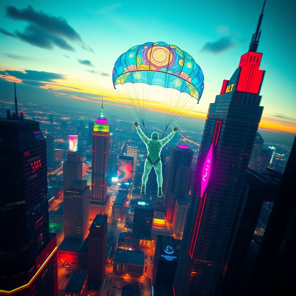 AI generated art for prompt: Imagine an enchanting digital artwork capturing an aerial view of a vibrant futuristic cityscape dur