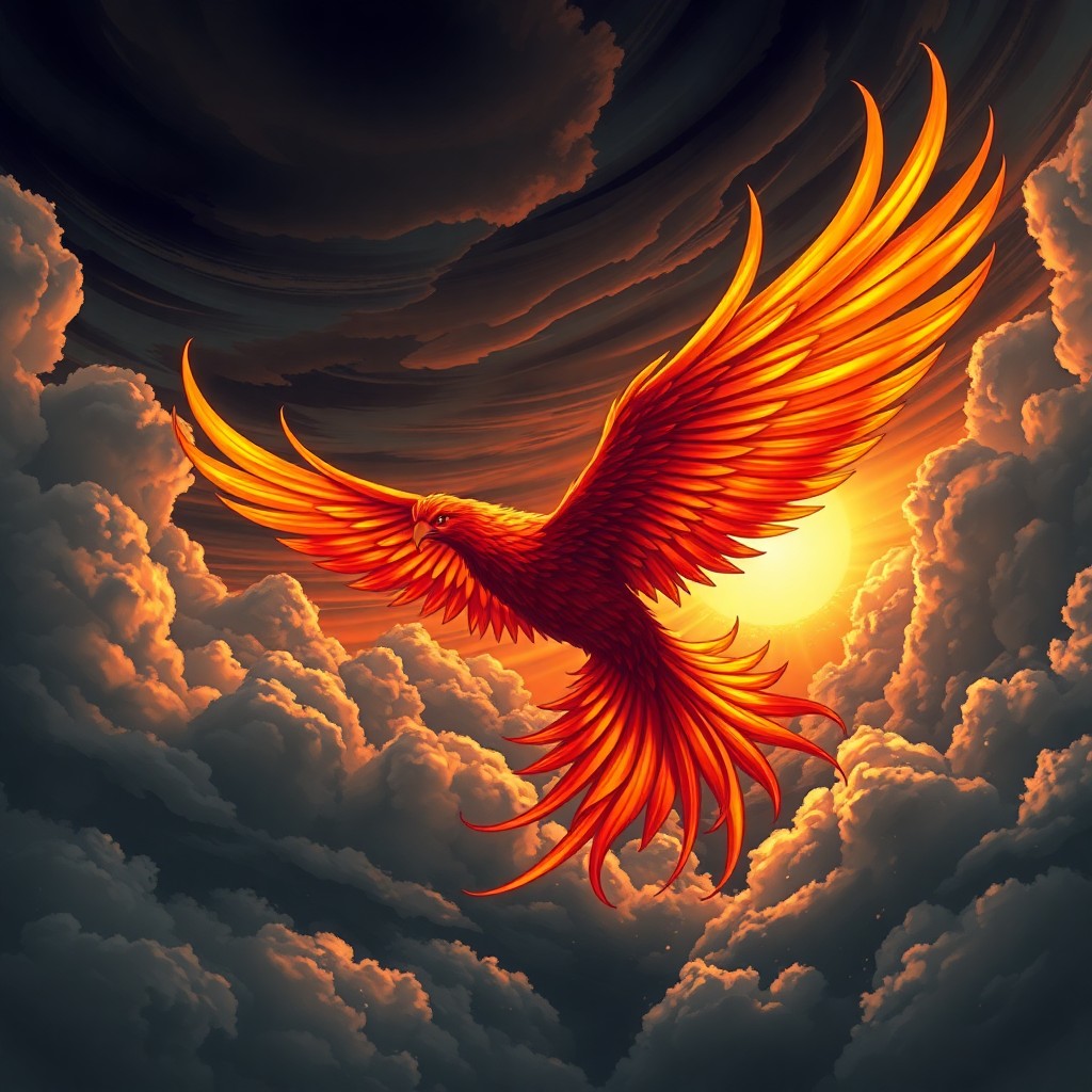 AI generated art for prompt: A mesmerizing digital art portrait captures a magnificent phoenix soaring through a tempestuous sky 