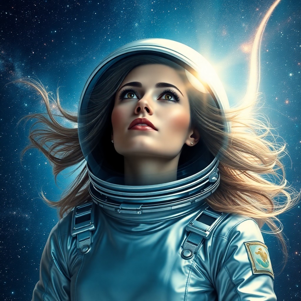 AI generated art for prompt: A mesmerizing female astronaut in a sleek silver spacesuit is portrayed against an ethereal celestia