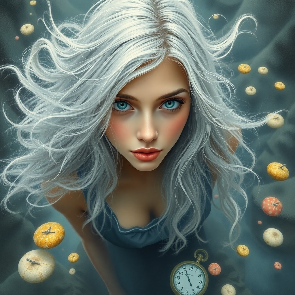 AI generated art for prompt: A dreamy portrait of a young woman with flowing silver hair, evoking the surreal atmosphere of Dali-