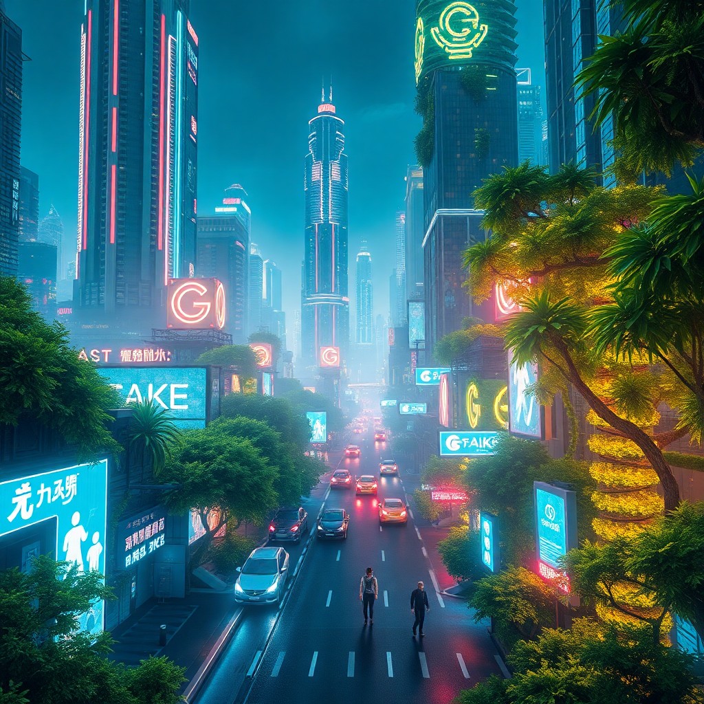 AI generated art for prompt: Envision a futuristic urban landscape where towering skyscrapers are entwined with lush, glowing flo