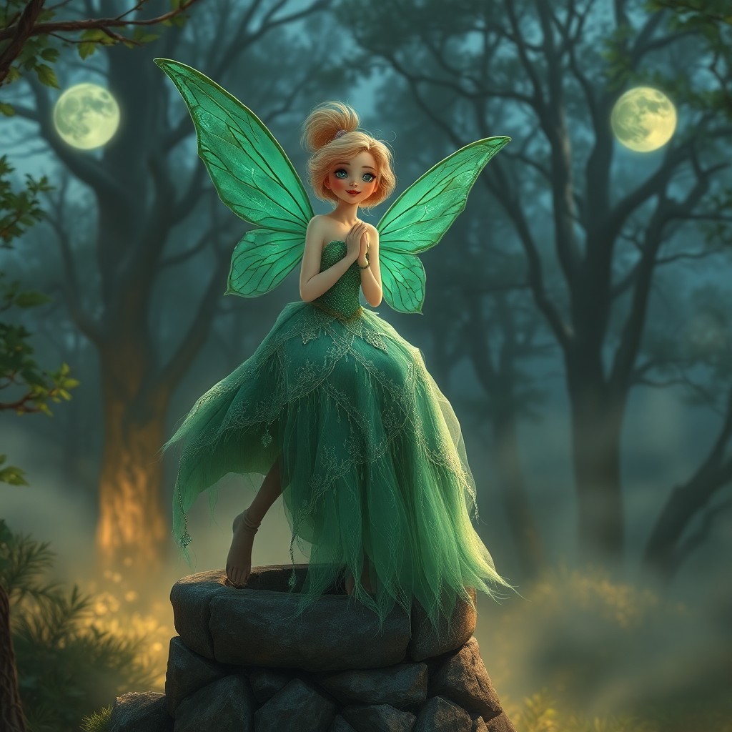 AI generated art for prompt: A whimsical portrait capturing a mischievous faerie with vibrant emerald wings perched atop a crumbl