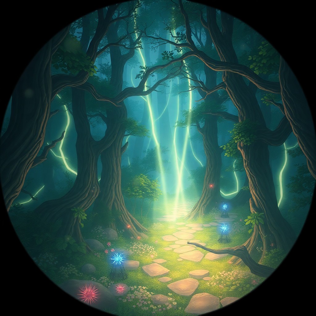 AI generated art for prompt: An alluring digital illustration showcasing an enigmatic woodland glade where luminous beams of ligh