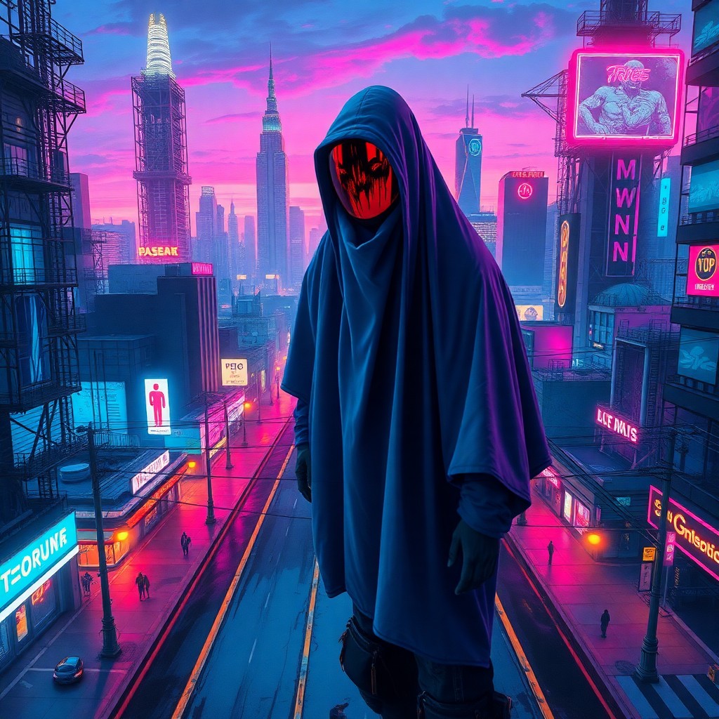 AI generated art for prompt: A surreal cyberpunk cityscape emerges at twilight, its neon-lit streets and towering structures blen