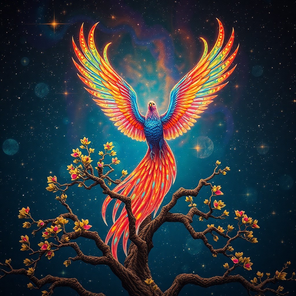 AI generated art for prompt: Visualize an awe-inspiring phoenix taking flight from a life-filled tree in a style reminiscent of G