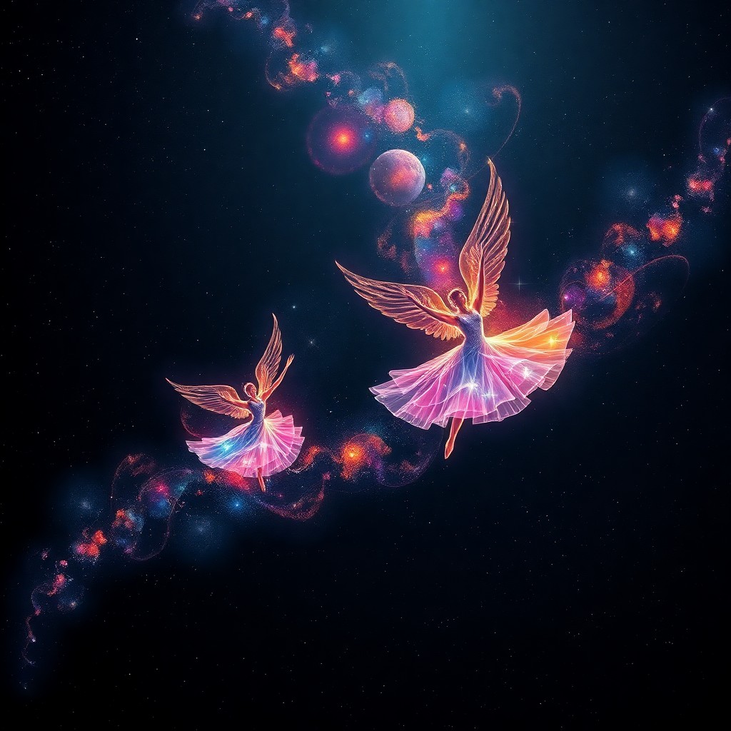 AI generated art for prompt: A vast digital canvas depicts an abstract cosmic ballet where luminous dancers gracefully pirouette 