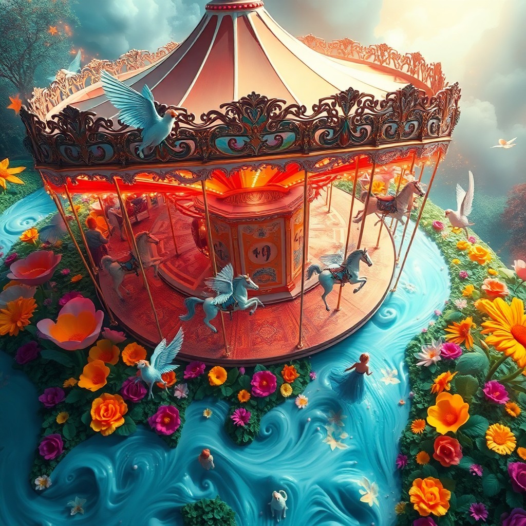 AI generated art for prompt: Imagine an enchanting dreamscape where a grand, whimsical carousel dominates a lush, flowing garden.