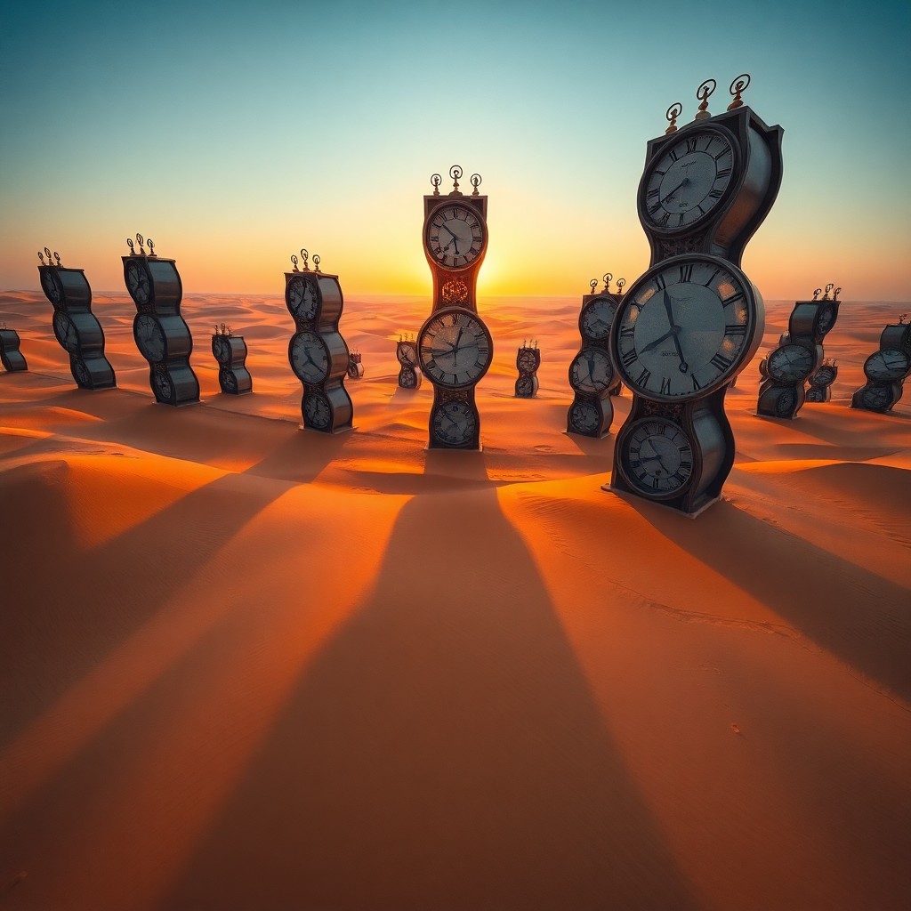 AI generated art for prompt: Envision an expansive desert vista at dusk, where the horizon is dotted with towering, melting timep