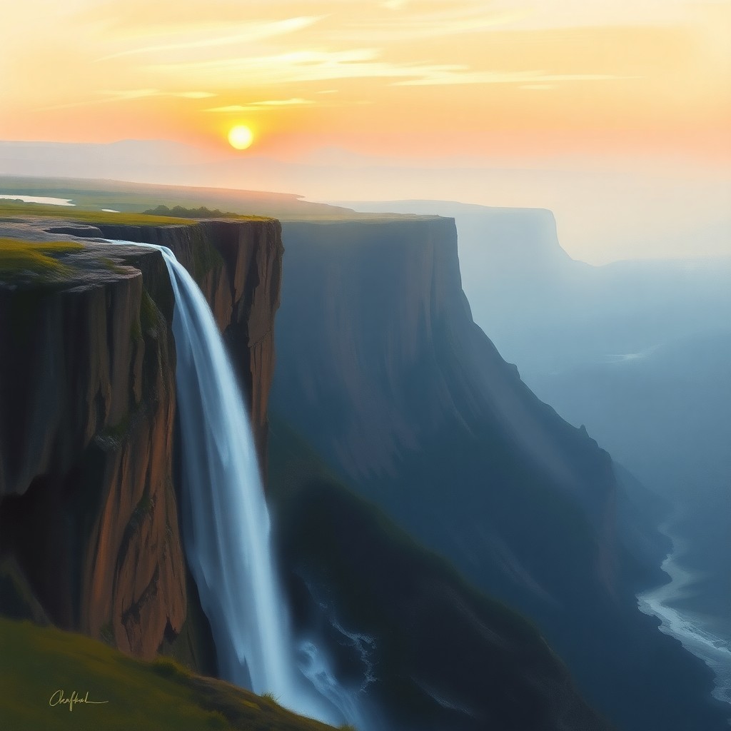 AI generated art for prompt: Imagine a tranquil landscape where a grand waterfall tumbles down from a rocky precipice, its pristi