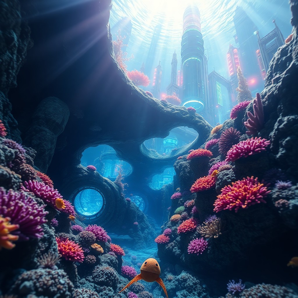 AI generated art for prompt: A surreal underwater scene where vibrant coral reefs intertwine with a futuristic cityscape, blendin