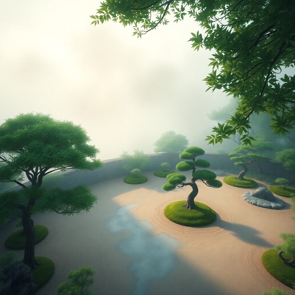 AI generated art for prompt: Envision an idyllic, foggy dawn in a peaceful Japanese zen garden, rendered with the dreamy brushstr