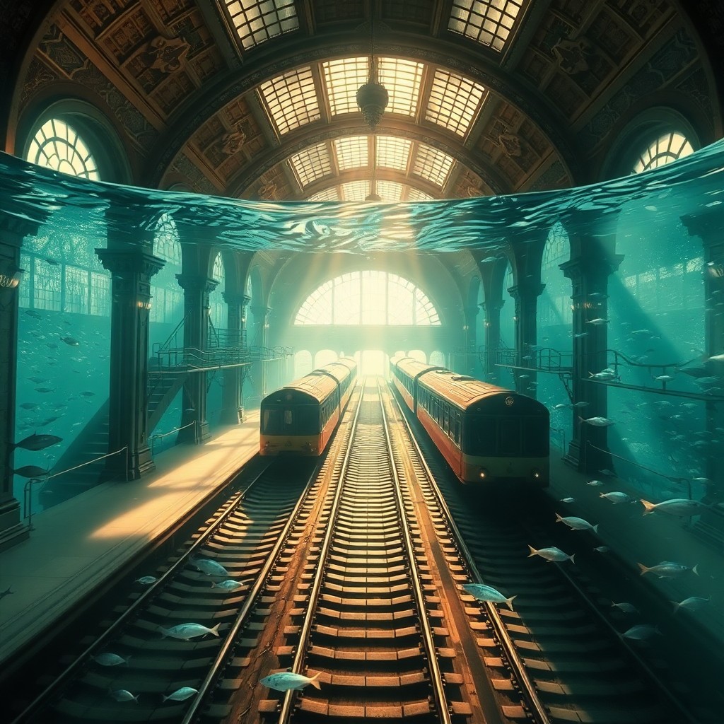 AI generated art for prompt: Craft an image in the manner of surrealist painting, depicting a lavish Victorian-era train station 