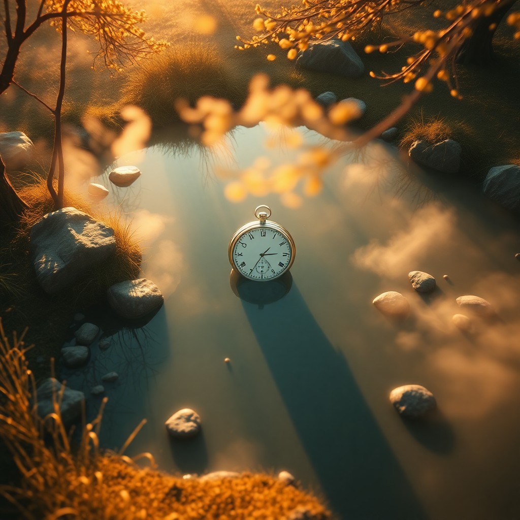 AI generated art for prompt: A dreamlike landscape captures a serene pond reflecting an ethereal floating timepiece. The scene is