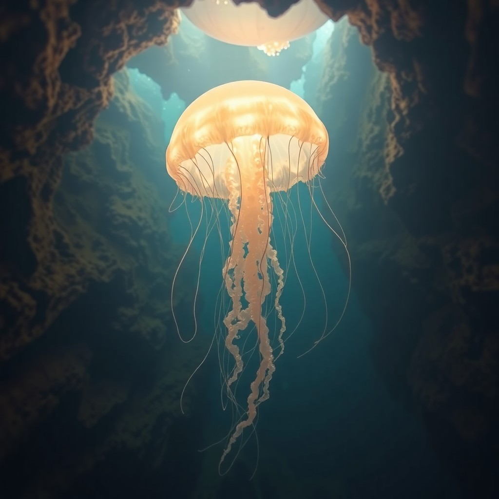 AI generated art for prompt: A dreamlike underwater scene depicting an enigmatic cavern illuminated by an ethereal jellyfish with