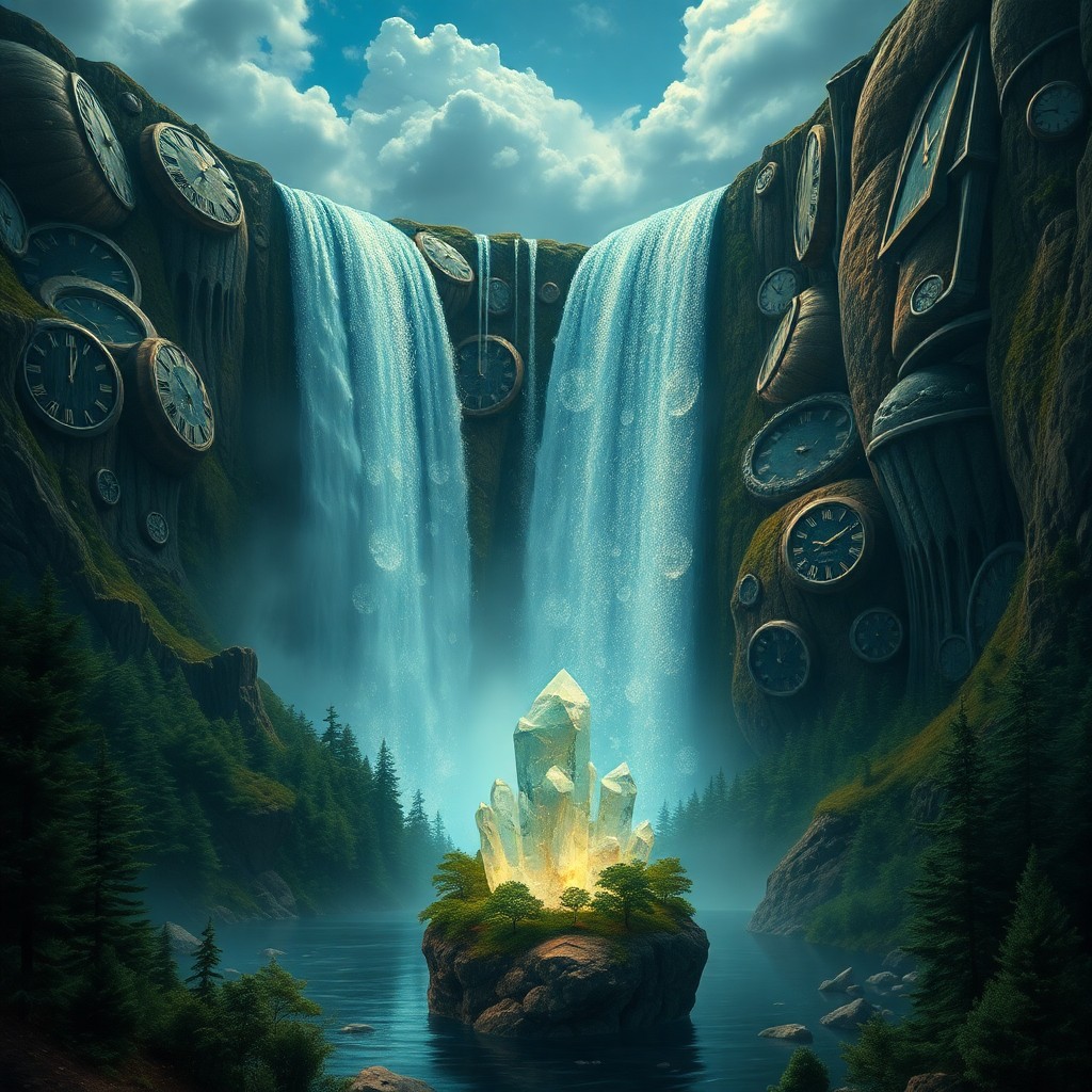 AI generated art for prompt: A surreal landscape depicting an awe-inspiring waterfall cascading down a cliffside adorned with mel