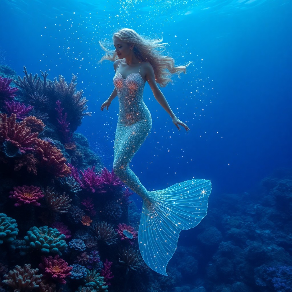 AI generated art for prompt: An enchanting underwater scene showcases a serene mermaid princess adorned in shimmering scales remi