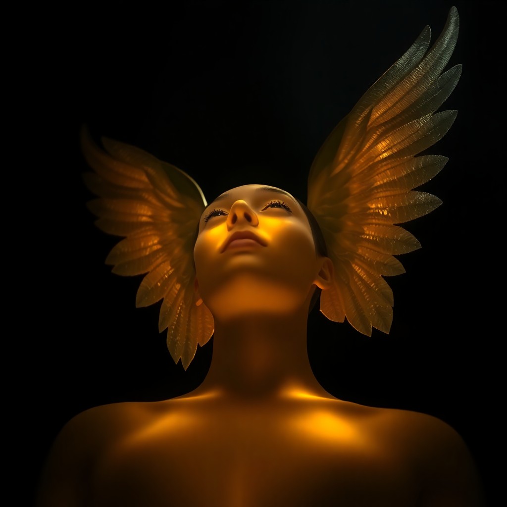 AI generated art for prompt: A celestial portrait bathed in chiaroscuro illumination, featuring an otherworldly being with gliste