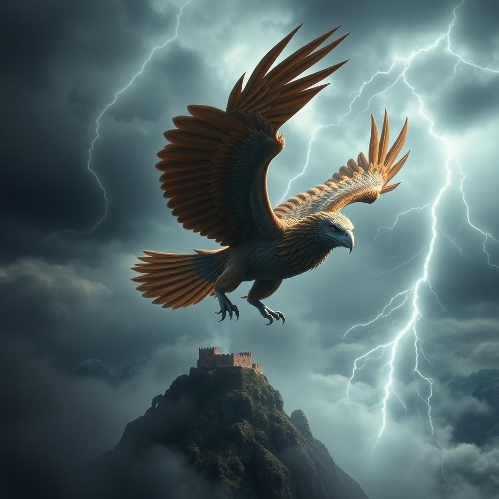 AI generated art for prompt: Visualize an awe-inspiring digital artwork depicting a regal griffin soaring through a tempestuous s