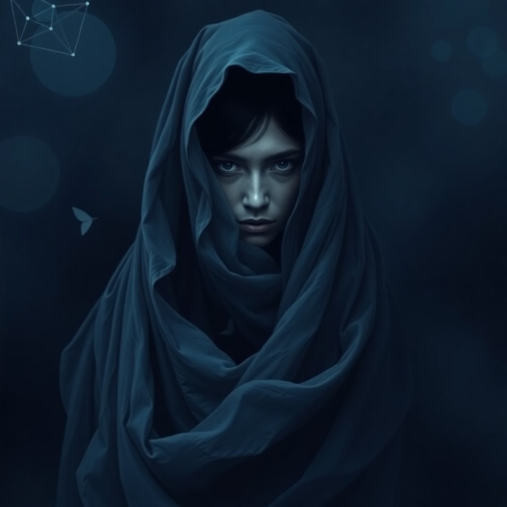 AI generated art for prompt: A portrait of an enigmatic figure draped in flowing fabric, reminiscent of the Blue Period's melanch