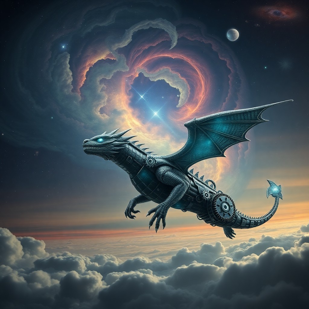 AI generated art for prompt: In the mesmerizing realm where organic meets mechanical, an awe-inspiring dragon gracefully navigate