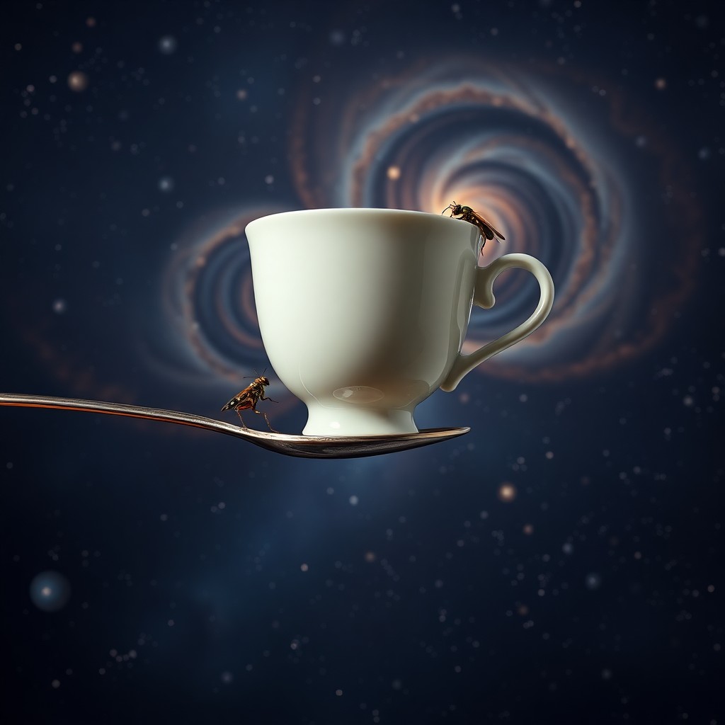 AI generated art for prompt: Craft an image that embodies surrealism with a close-up view of a teacup poised on an elongated spoo