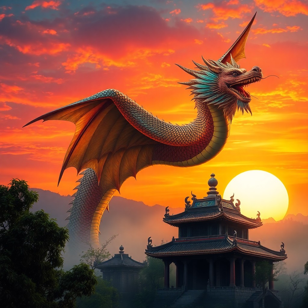 AI generated art for prompt: A majestic dragon, inspired by Chinese folklore, spreads its wings across a vibrant sunset sky, scal