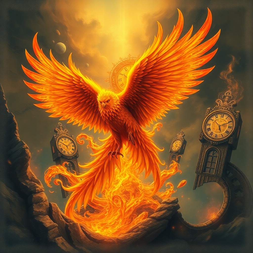 AI generated art for prompt: A resplendent phoenix, enveloped in otherworldly golden fire, arises from its ashes within an enchan