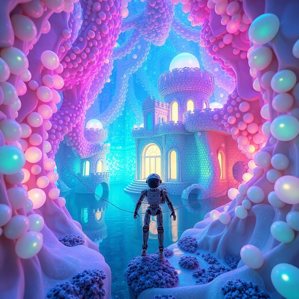 AI generated art for prompt: A digital art piece portraying an enchanting underwater palace crafted from luminescent pearls, view