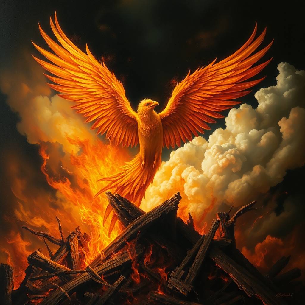 AI generated art for prompt: A mesmerizing oil painting in the style of Caravaggio, this piece depicts a powerful phoenix emergin