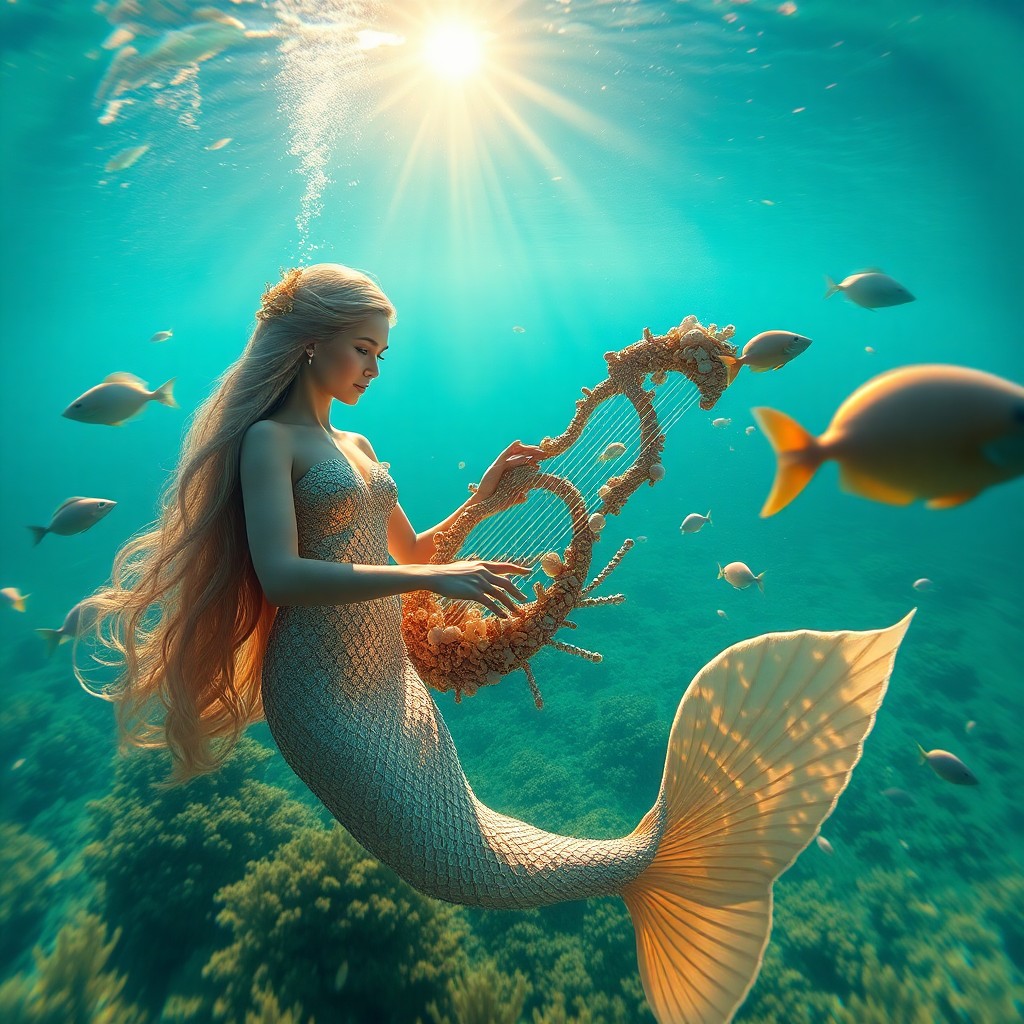 AI generated art for prompt: Imagine an enchanting underwater realm, reminiscent of surrealistic visions, where a shimmering merm