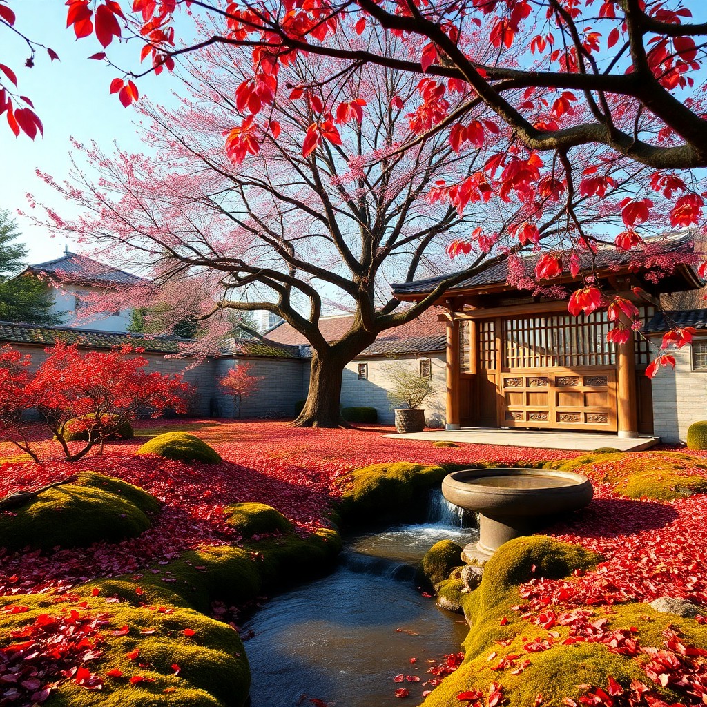 AI generated art for prompt: Visualize an enchanting, early autumn morning in a Zen garden imbued with traditional Japanese aesth