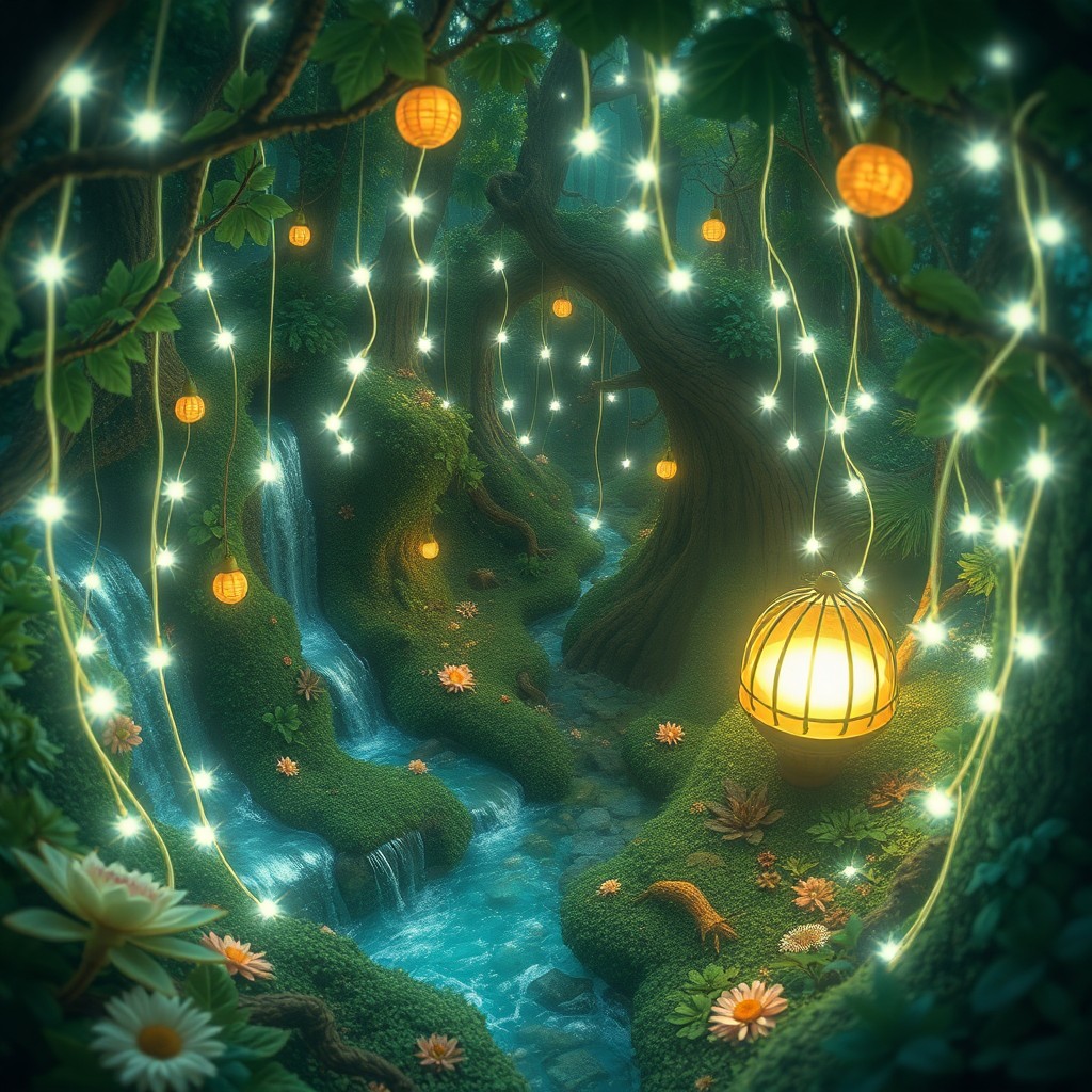 AI generated art for prompt: Create an image in a captivating whimsical style reminiscent of enchanted forests, showcasing a surr