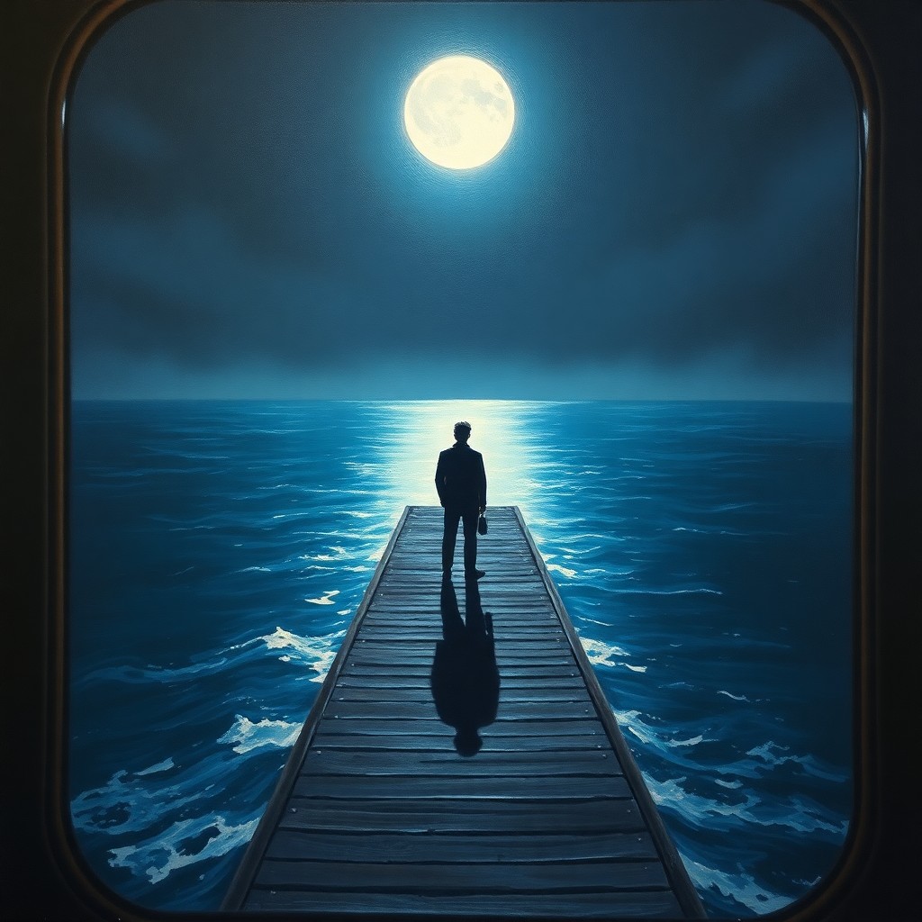 AI generated art for prompt: A captivating oil painting captures a solitary figure standing at the end of a desolate dock extendi