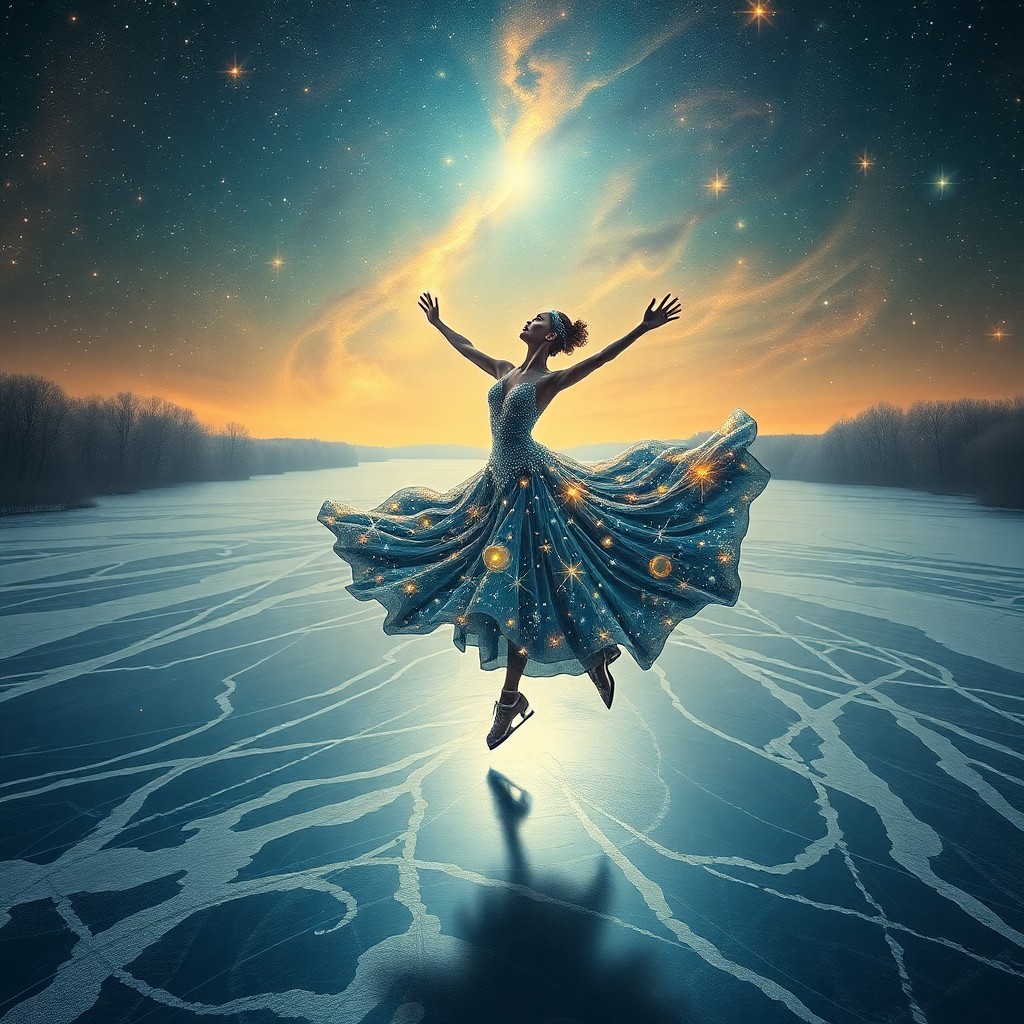 AI generated art for prompt: A celestial ballet graces a frosty river in a surreal dreamscape, as a figure skater pirouettes bene