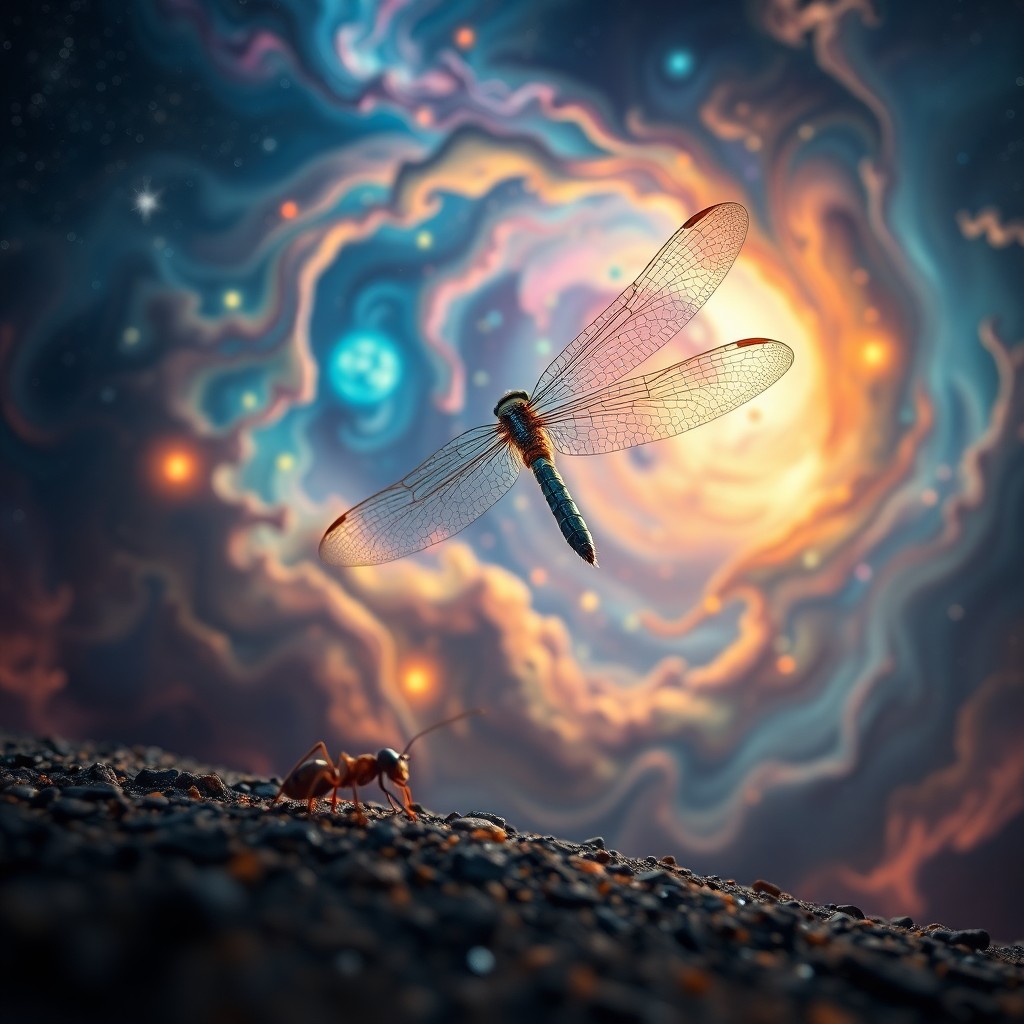 AI generated art for prompt: A surrealistic landscape depicts an ant's perspective on a grand dragonfly ascending from a mesmeriz