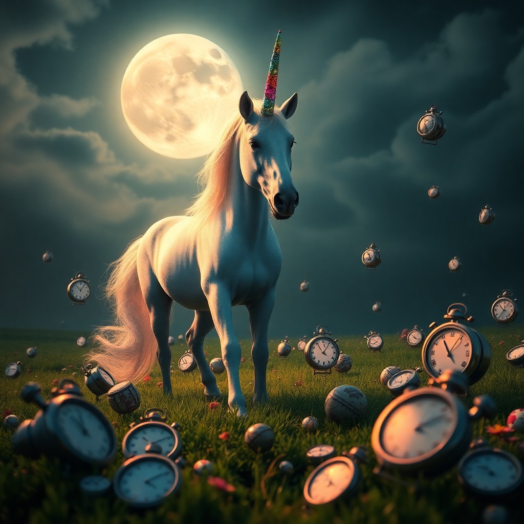 AI generated art for prompt: Imagine a surreal landscape where a magnificent unicorn stands tall in the foreground, its shimmerin