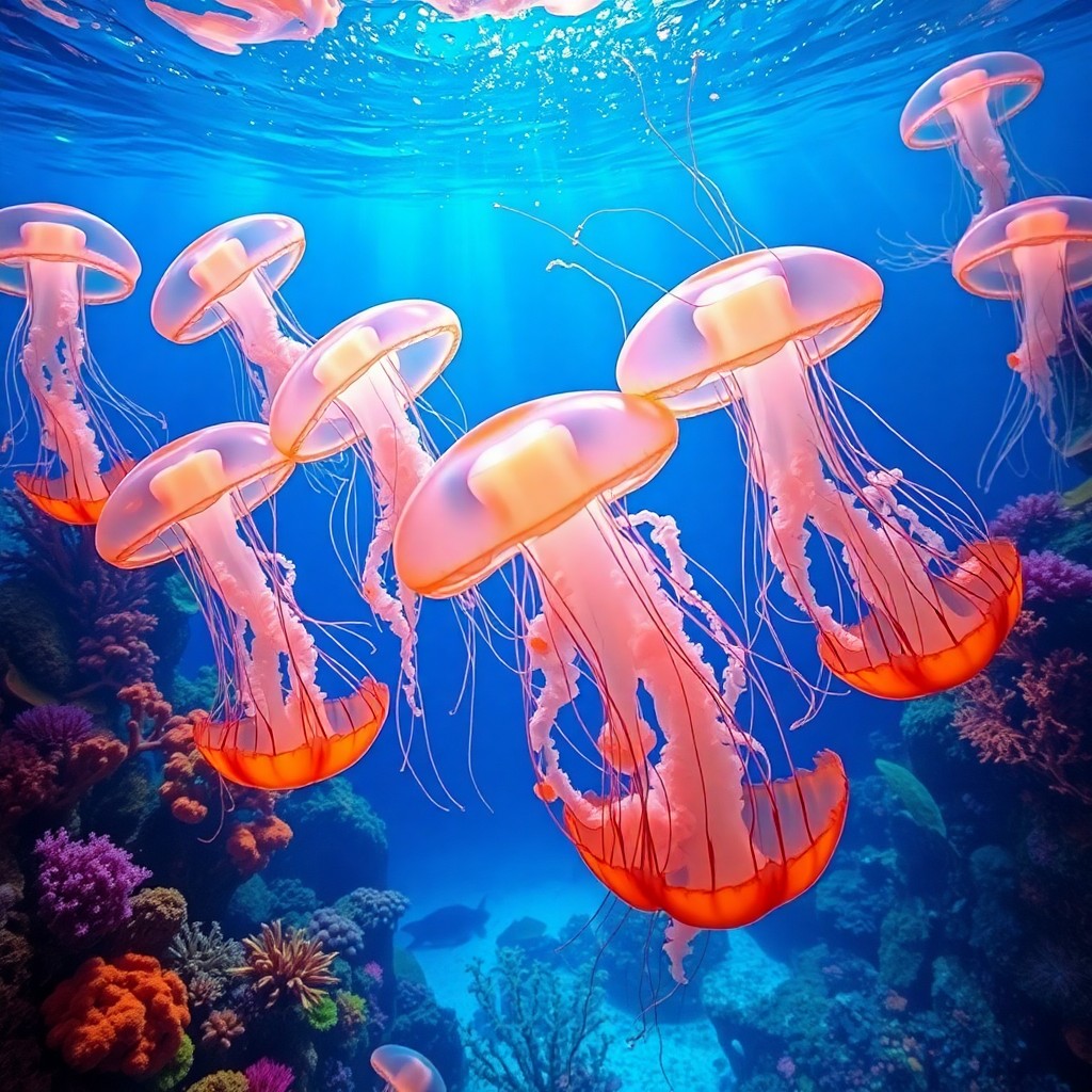 AI generated art for prompt: An enchanting underwater scene in an impressionistic style showcases a mesmerizing ballet of jellyfi