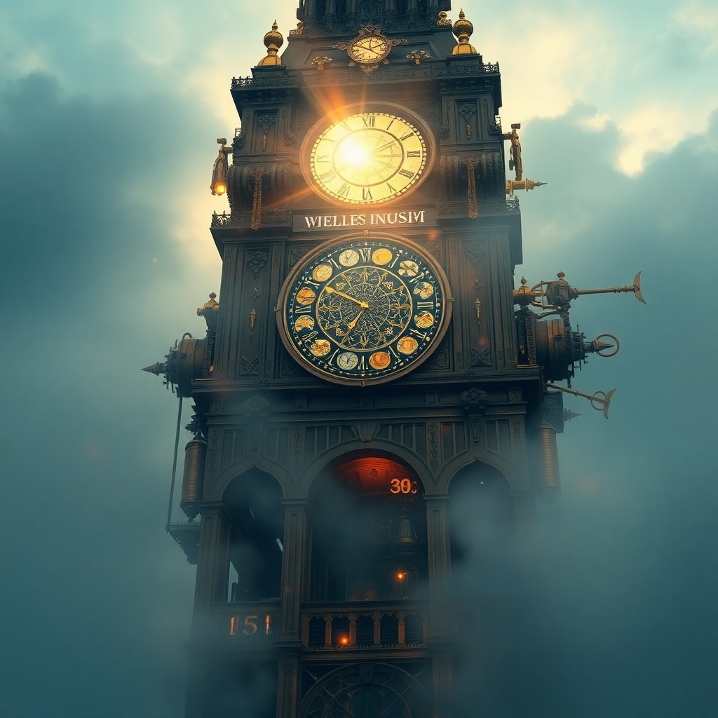 AI generated art for prompt: A digital art composition capturing a majestic steampunk-inspired tower enveloped in an otherworldly