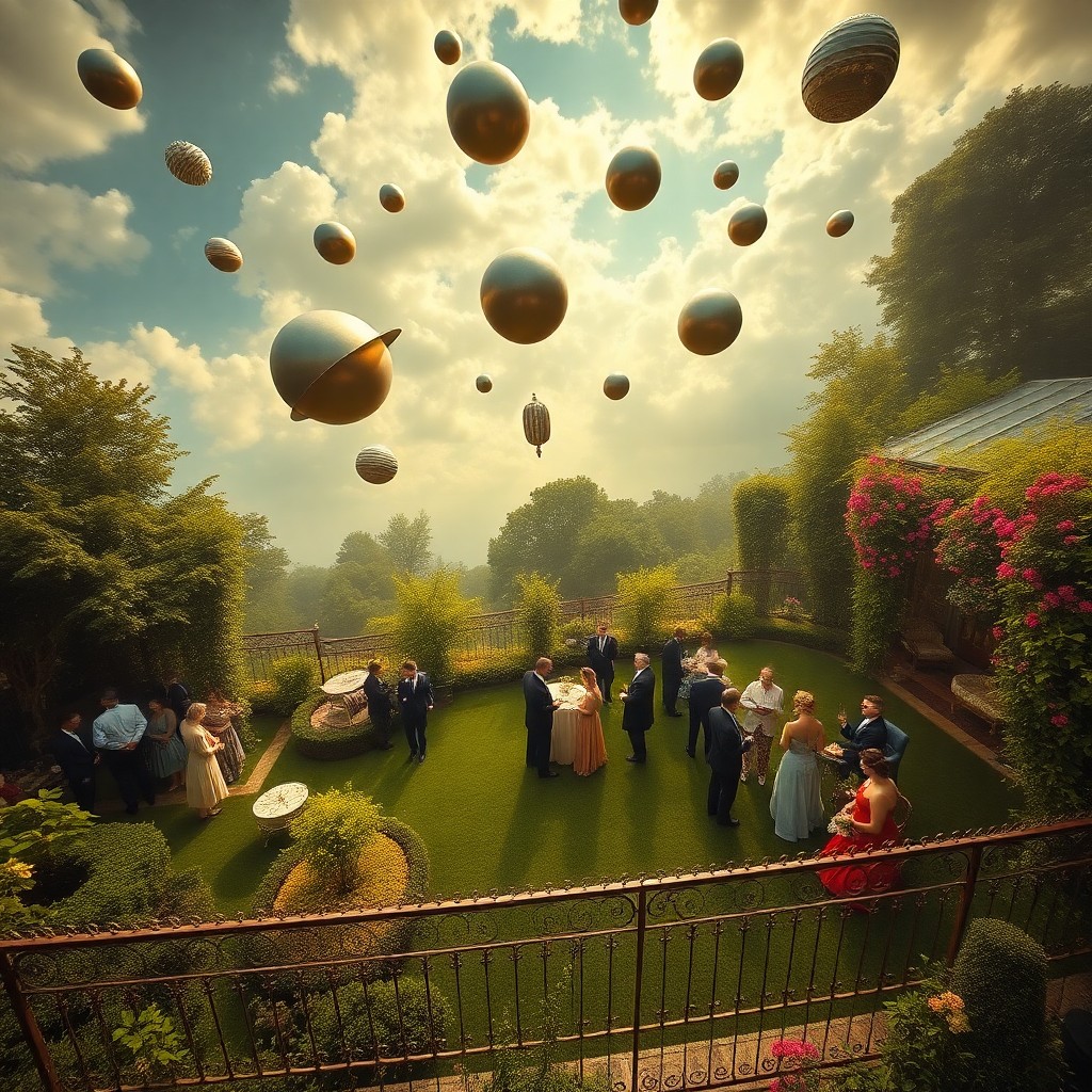 AI generated art for prompt: Imagine an enchanting garden party setting inspired by the Victorian era, artfully merged with the d