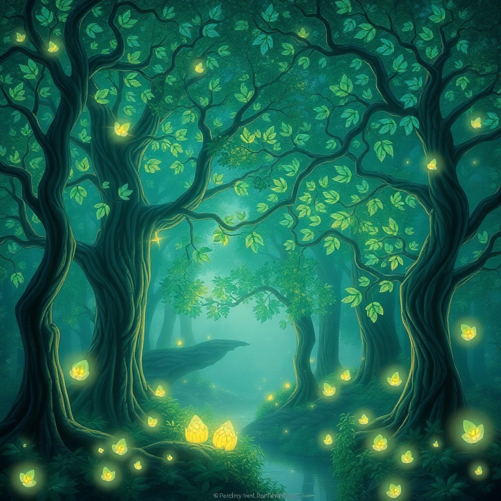 AI generated art for prompt: A whimsical fantasy landscape in a mystical forest with towering trees adorned with iridescent leave