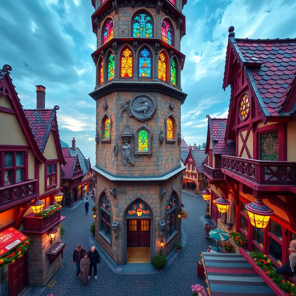 AI generated art for prompt: A whimsical tower dominates a lively medieval town square, its ornate stained-glass windows projecti