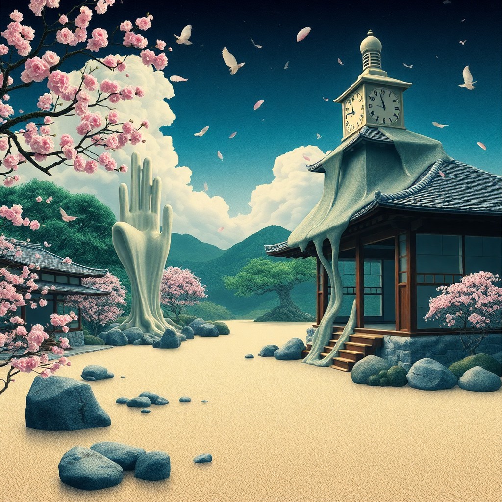 AI generated art for prompt: A surreal digital artwork melds the intricate detail of Japanese ukiyo-e woodblock prints with the d