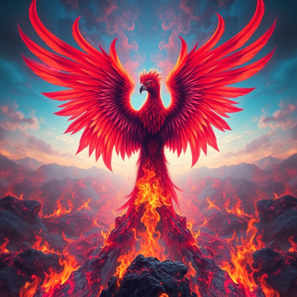 AI generated art for prompt: Envision an enigmatic digital artwork where a regal phoenix emerges from smoldering embers in the ma