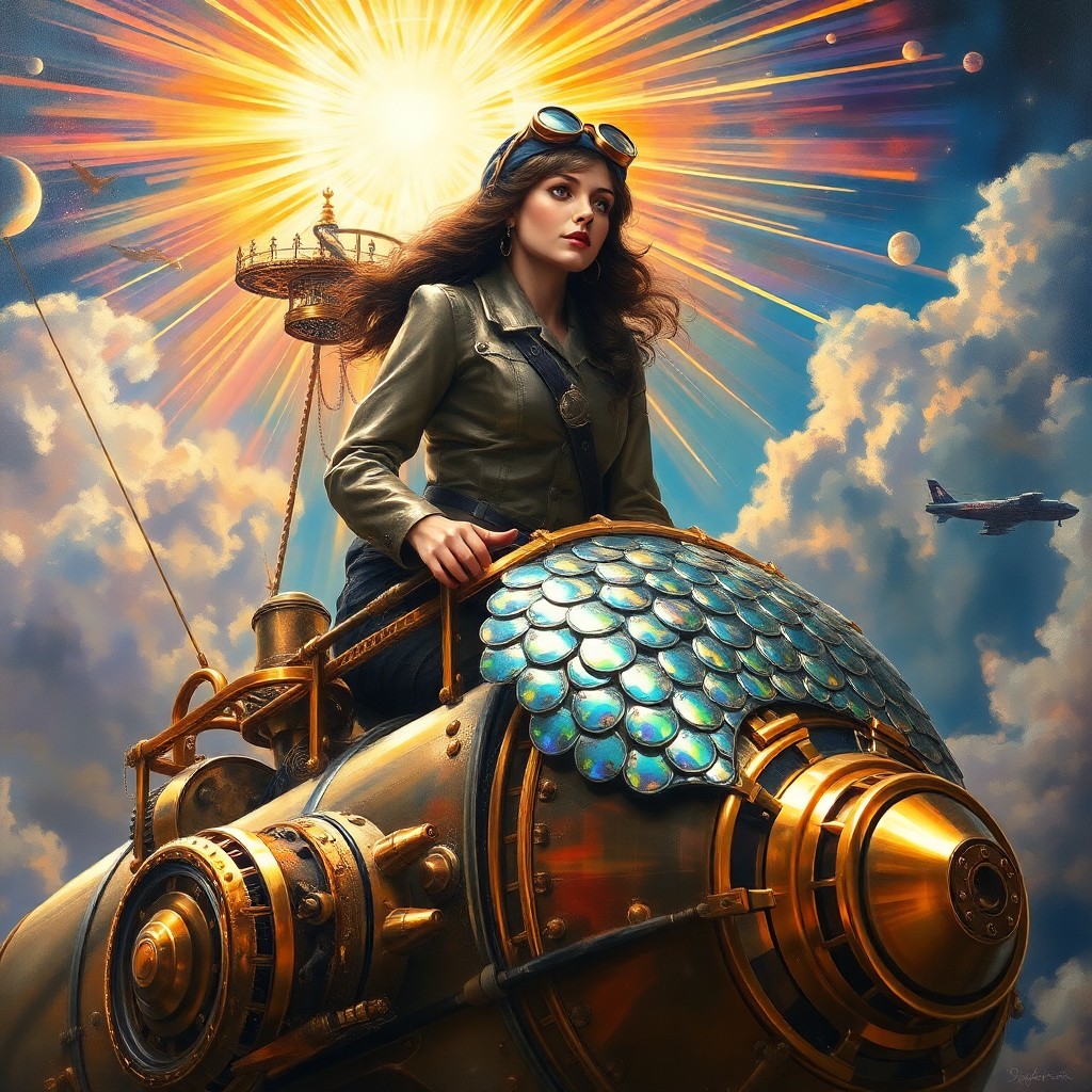 AI generated art for prompt: A captivating oil painting fuses steampunk aesthetics with visionary flair, portraying a daring fema