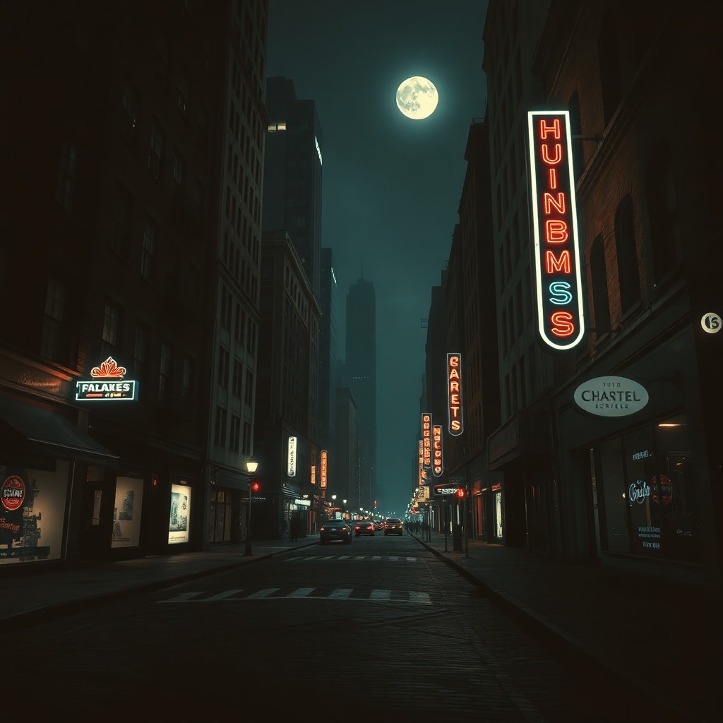 AI generated art for prompt: Craft an image reminiscent of Hopper's nocturnal cityscapes, capturing a bustling street from an unc