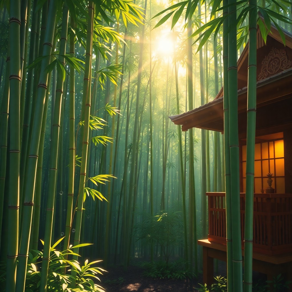 AI generated art for prompt: Imagine an enchanting bamboo forest bathed in the soft light of dawn, with a style reminiscent of Mo