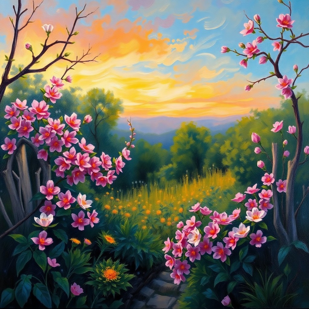 AI generated art for prompt: An enchanting oil painting captures the essence of spring in a serene garden setting at twilight. Fr