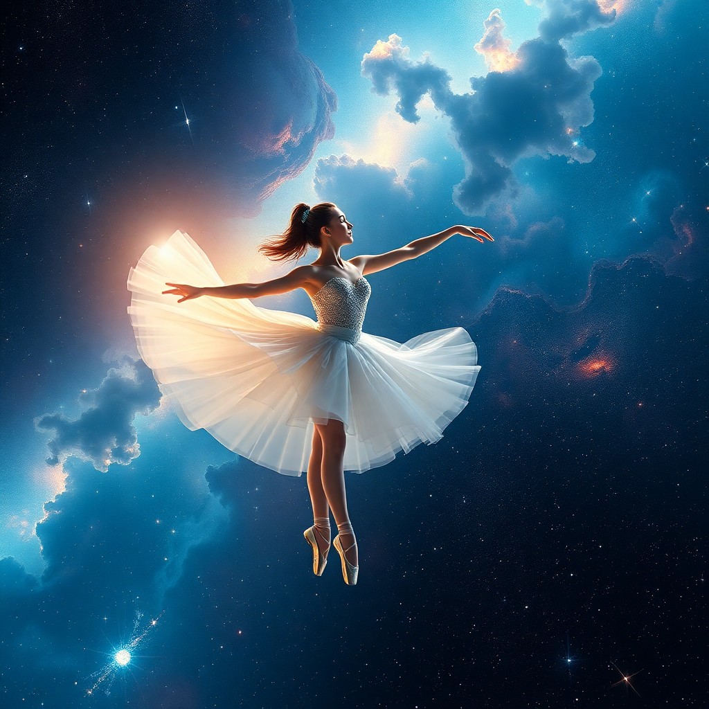 AI generated art for prompt: A breathtaking digital masterpiece showcases an celestial ballerina gracefully dancing in the midst 