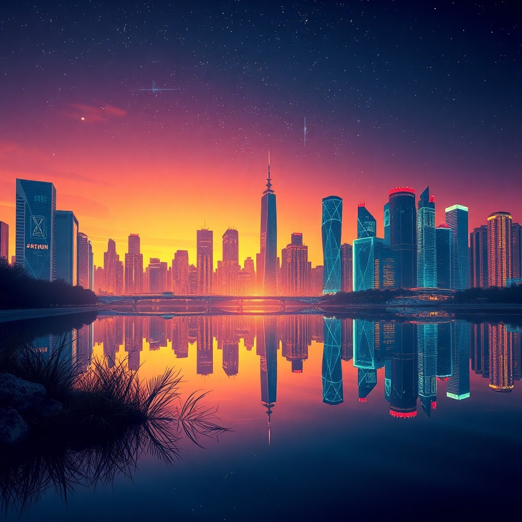 AI generated art for prompt: Picture a captivating scene from a futuristic comic book narrative, where a stunning cityscape refle