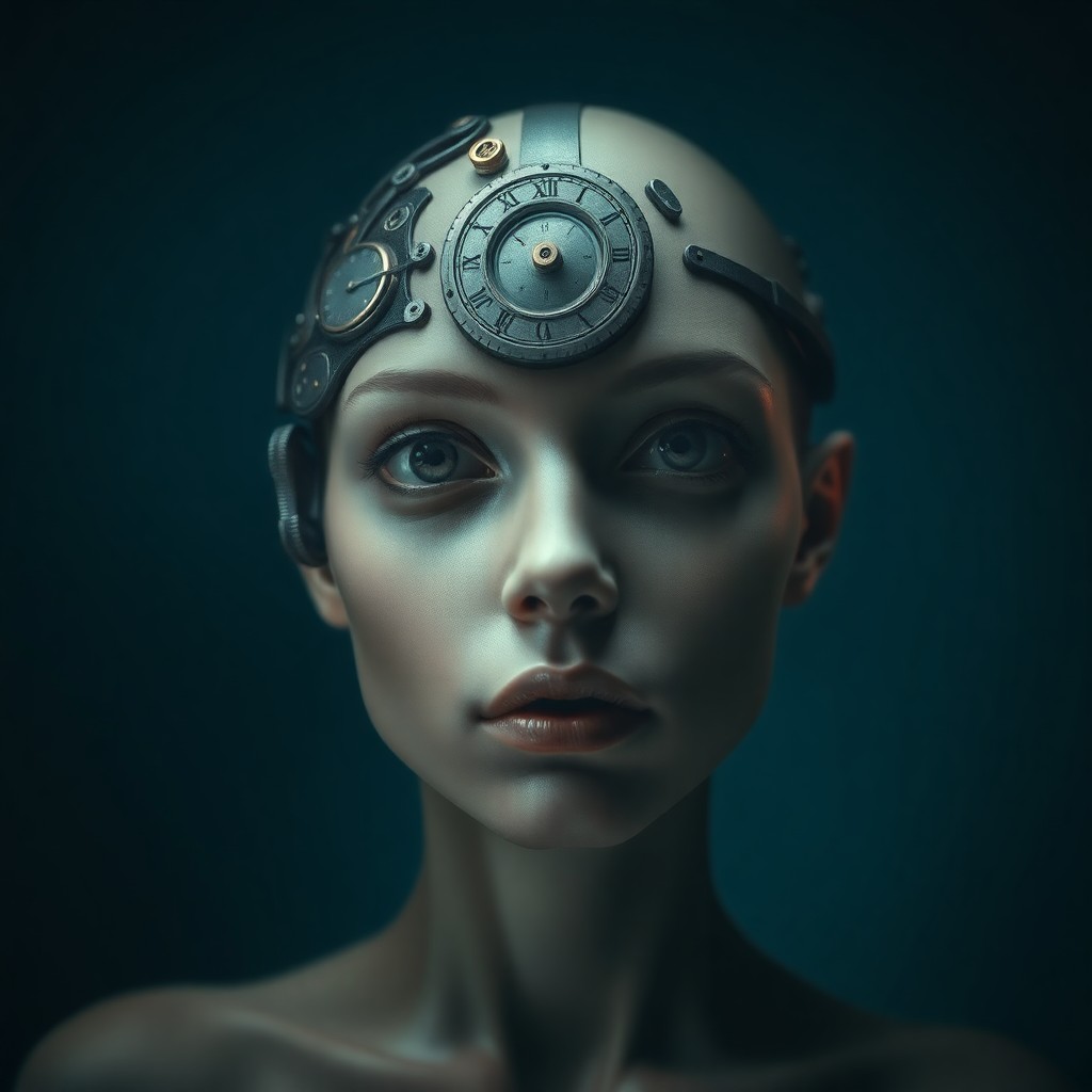 AI generated art for prompt: A surreal portrait depicting an enigmatic being with a fusion of human and mechanical features, evok